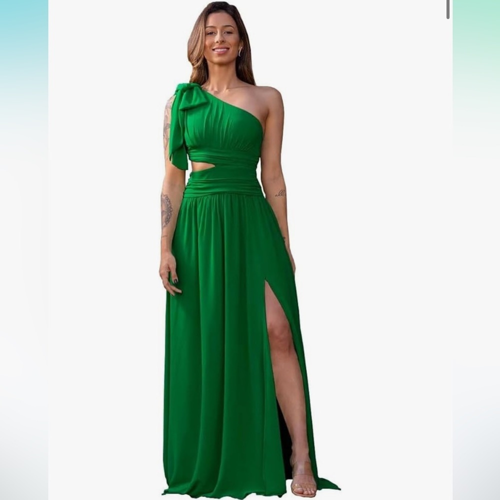 Amazon Asymmetrical cut out One-Shoulder Dress Kelly green slit maxi gown